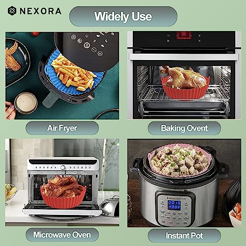 NEXORA 2-Pack Silicone Air Fryer Liners Reusable Air Fryer Silicone Basket Heat Resistant Easy Cleaning Air fryers Silicone Pot Round Compatible With Ninja Cosori Gourmia (7.5" (3to5 QT), Pink+Green)