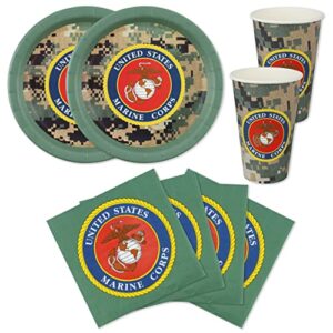 havercamp u.s. marines party for 32 guests! includes 32 ea. 10” plates & luncheon napkins & lg. cups with licensed marines camo & coat of arms. retirement, birthday or official events