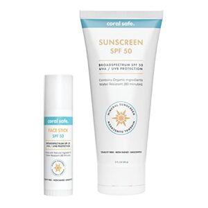 reef safe sunscreen spf 50 mineral lotion and face stick, hawaii & mexico approved, biodegradable, zinc, vitamin e, oxybenzone & octinoxate free, water resistant, natural ingredients, made in usa by coral safe