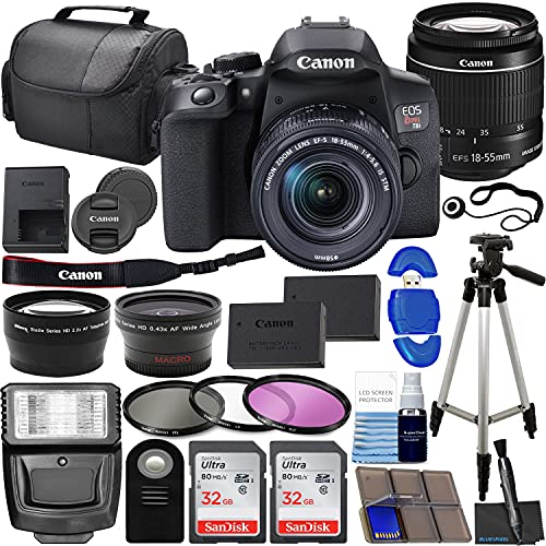 Canon EOS Rebel T8i DSLR Camera w/EF-S 18-55mm F/4-5.6 is STM Zoom Lens Bundle + Wide Angle Lens + Telephoto Lens + 128GB Memory + Case + Tripod + 3pc Filter Kit + Pro Kit