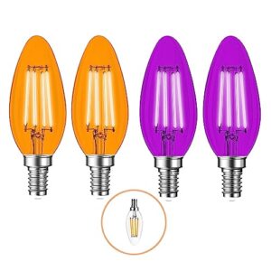 4 pack filament e12 candelabra led halloween light bulbs - 4w 40 watt equivalent e12 candelabra base - vintage led decor purple light bulbs orange light bulbs party decoration, porch, halloween lights