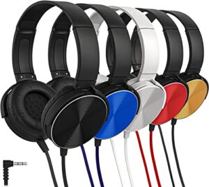 maeline classroom headphones bulk 5 pack, student on ear comfy swivel headset for school, library, airplane, for online learning, travel, stereo sound 3.5mm jack, red, black, blue, white, yellow