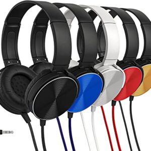 Maeline Classroom Headphones Bulk 5 Pack, Student On Ear Comfy Swivel Headset for School, Library, Airplane, for Online Learning, Travel, Stereo Sound 3.5mm Jack, Red, Black, Blue, White, Yellow