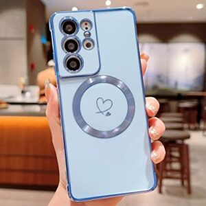 Ponnky Samsung Galaxy S21 Ultra Case for Women Girl Cute Love-Heart Compatible with Magsafe with Magnetic Wirless Charging Full Camera Bumper Shockproof Phone Case for Galaxy S21 Ultra (Blue)