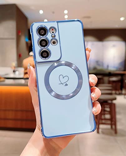 Ponnky Samsung Galaxy S21 Ultra Case for Women Girl Cute Love-Heart Compatible with Magsafe with Magnetic Wirless Charging Full Camera Bumper Shockproof Phone Case for Galaxy S21 Ultra (Blue)