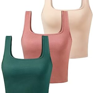 Porvike Crop Tops for Women Workout Tank Top Cropped Sleeveless Shirts Square Neck Tanks Basic Gym Exercise Clothes 3 Pack Coral/Beige/Emerald Green S