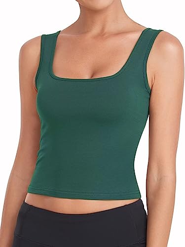 Porvike Crop Tops for Women Workout Tank Top Cropped Sleeveless Shirts Square Neck Tanks Basic Gym Exercise Clothes 3 Pack Coral/Beige/Emerald Green S