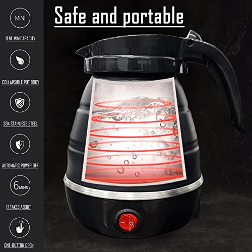 VANZO Foldable Electric Travel Kettle - Portable and Convenient Silicone Collapsible Water Boiler and Tea Pot for Camping - Easy Storage with Detachable Power Cord (Black) , (WHH-649)