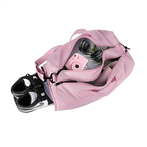 Sports Travel Gym Bag for Women, Workout Duffel Bag Overnight Shoulder Bag with Shoes Compartment and Wet Pocket Ladies Weekend Bag Carry on Luggage Bag for Airplane Beach Pink