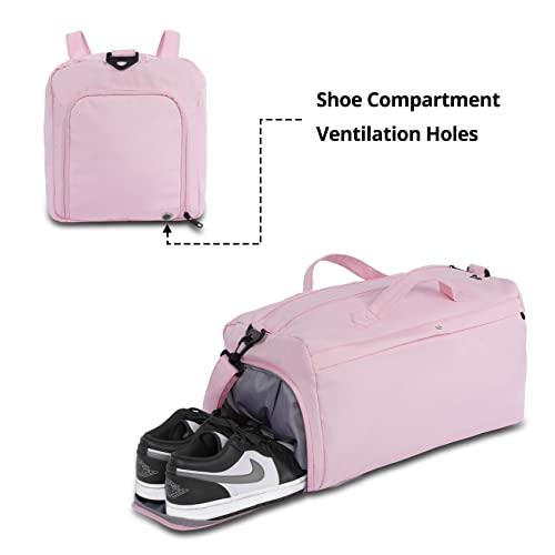 Sports Travel Gym Bag for Women, Workout Duffel Bag Overnight Shoulder Bag with Shoes Compartment and Wet Pocket Ladies Weekend Bag Carry on Luggage Bag for Airplane Beach Pink
