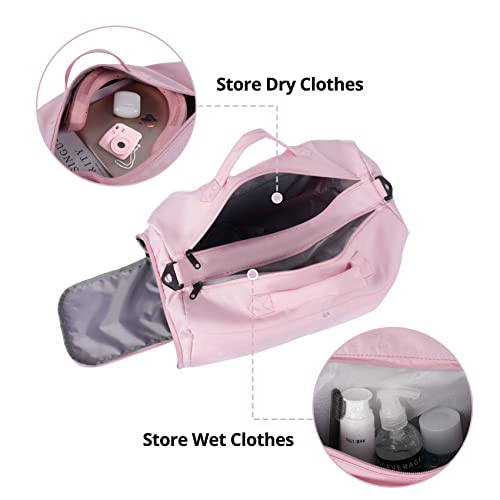 Sports Travel Gym Bag for Women, Workout Duffel Bag Overnight Shoulder Bag with Shoes Compartment and Wet Pocket Ladies Weekend Bag Carry on Luggage Bag for Airplane Beach Pink