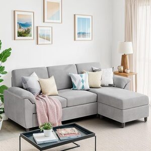 meilocar sofa couch, 79" sectional convertible l shaped couch with reversible ottoman, 3-seat sofa sectional with removable armrest for living room, apartment, small space, light grey
