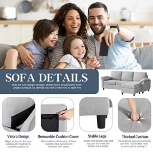 Meilocar Sofa Couch, 79" Sectional Convertible L Shaped Couch with Reversible Ottoman, 3-Seat Sofa Sectional with Removable Armrest for Living Room, Apartment, Small Space, Light Grey