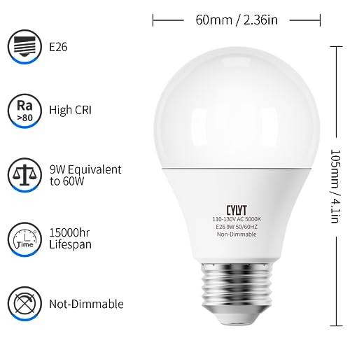 CYLYT A19 LED Light Bulb 60W Equivalent, Daylight White 5000K, 9W Energy Saving Bulbs, Focos LED para Casa, E26 Standard Base, for Kitchen Bedroom Indoor Outdoor, 800 Lumen, Non-diammable, 4-Pack