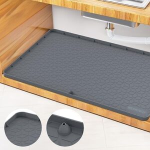 under sink mat for kitchen cabinet waterproof, 34" x 22" silicone under sink liner protector multipurpose, under sink drip tray fits 36'' cabinet, thick edge cabinet mat with drain hole- dark grey