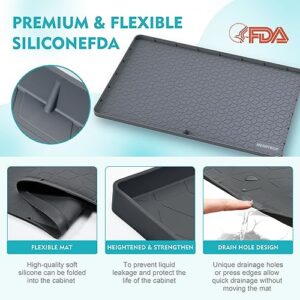 Under Sink Mat for Kitchen Cabinet Waterproof, 34" x 22" Silicone Under Sink Liner Protector Multipurpose, Under Sink Drip Tray Fits 36'' Cabinet, Thick Edge Cabinet Mat with Drain Hole- Dark Grey