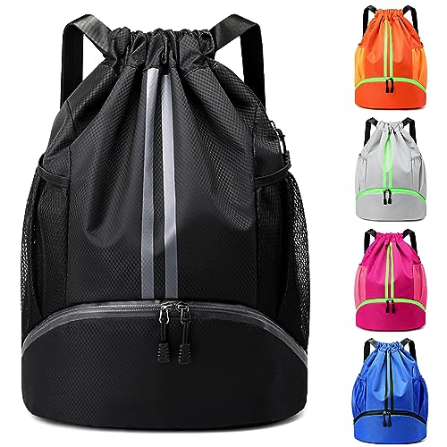 SOPIME Drawstring Backpack Gym Bag for Men, Lightweight String Bags Sports Cinch Sackpack with Shoe Compartment Water Resistant Large Gym Sack for Fitness Swim Basketball football Travel Beach (Black)