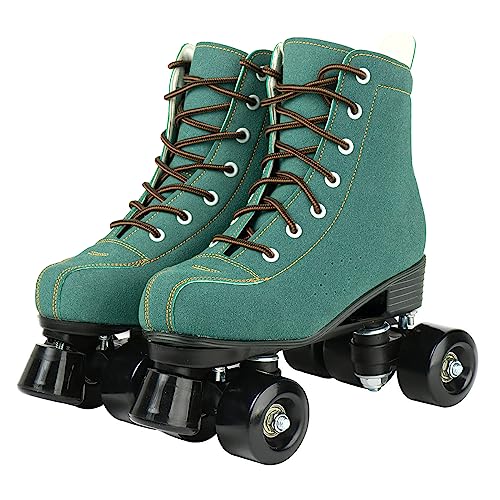 Tmore Roller Skates for Women and Men, Classic Double-Row Roller Skate High-Top Four Light up Wheels Premium Sueded Leather Outdoor Indoor Roller Skates for Adults and Teens (Green Black Wheel,41)