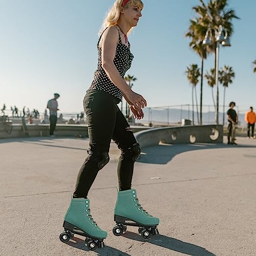 Tmore Roller Skates for Women and Men, Classic Double-Row Roller Skate High-Top Four Light up Wheels Premium Sueded Leather Outdoor Indoor Roller Skates for Adults and Teens (Green Black Wheel,41)