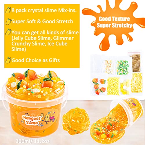 Crystal Slime, Orange Mango Clear Jelly Cube Glimmer Crunchy Slime with 8 Add-ins, Idea Stress Relief Toy, Kids Party Favor, Birthday Easter Christmas New Year Gift for Girls & Boys Age 6 7 8 9 10+