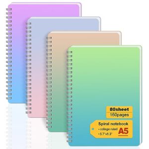 spiral notebook, 5.7" x 8.3" college ruled notebook with 4 colors spiral journals for women, 80 sheets / 160 pages per journal with twin-wire binding, thick plastic hardcover and 8mm ruled lined