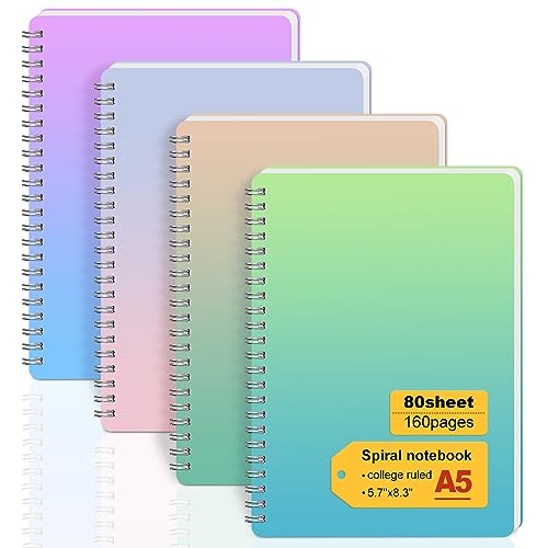 Spiral Notebook, 5.7" x 8.3" College Ruled Notebook with 4 Colors Spiral Journals for Women, 80 Sheets / 160 Pages Per Journal with Twin-Wire Binding, Thick Plastic Hardcover and 8mm Ruled Lined