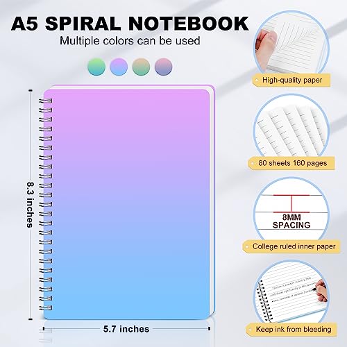 Spiral Notebook, 5.7" x 8.3" College Ruled Notebook with 4 Colors Spiral Journals for Women, 80 Sheets / 160 Pages Per Journal with Twin-Wire Binding, Thick Plastic Hardcover and 8mm Ruled Lined