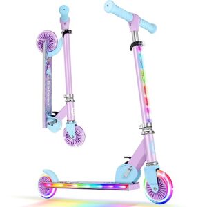beleev scooters for kids ages 3-12 with light-up wheels & stem & deck, 2 wheel folding scooter for girls boys, 3 adjustable height, non-slip pattern deck, kick scooter for children (purple)