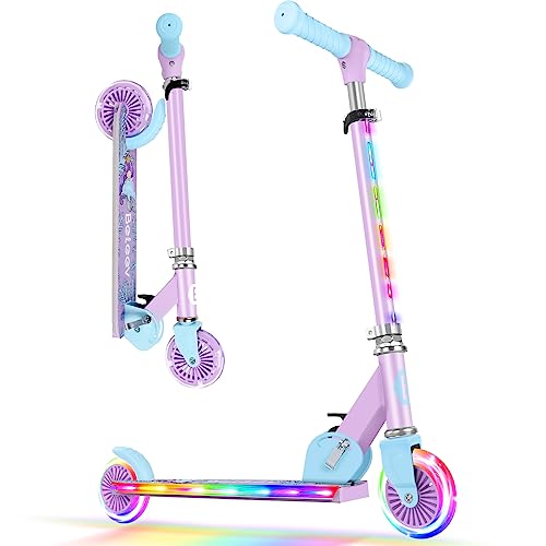 BELEEV Scooters for Kids Ages 3-12 with Light-Up Wheels & Stem & Deck, 2 Wheel Folding Scooter for Girls Boys, 3 Adjustable Height, Non-Slip Pattern Deck, Kick Scooter for Children (Purple)