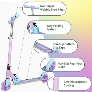 BELEEV Scooters for Kids Ages 3-12 with Light-Up Wheels & Stem & Deck, 2 Wheel Folding Scooter for Girls Boys, 3 Adjustable Height, Non-Slip Pattern Deck, Kick Scooter for Children (Purple)