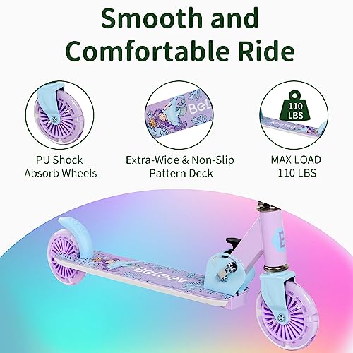 BELEEV Scooters for Kids Ages 3-12 with Light-Up Wheels & Stem & Deck, 2 Wheel Folding Scooter for Girls Boys, 3 Adjustable Height, Non-Slip Pattern Deck, Kick Scooter for Children (Purple)