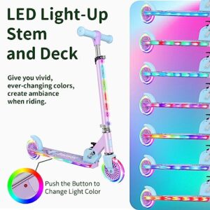 BELEEV Scooters for Kids Ages 3-12 with Light-Up Wheels & Stem & Deck, 2 Wheel Folding Scooter for Girls Boys, 3 Adjustable Height, Non-Slip Pattern Deck, Kick Scooter for Children (Purple)