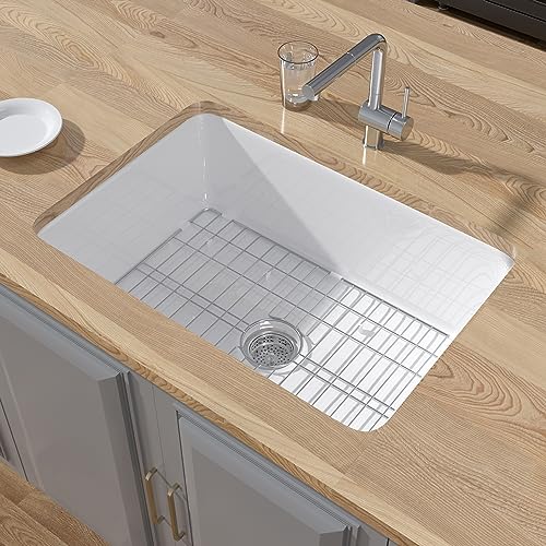 Kitchen Sink Drop In 27"x19" HOMLYLINK Pure White Kitchen Sink Undermount Kitchen Sink Dual Mount Drop In Kitchen Sink 27 Inch Single Bowl Fireclay Sink Custom Accessories Included