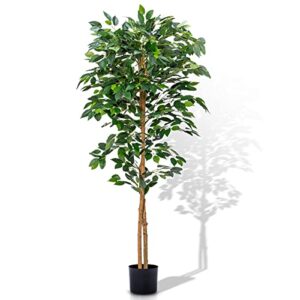 aphighjoy faux plants artificial ficus trees eucalyptus trees with silk leaves fake moss and sturdy nursery pot, fake plants for office home decor (5ft - 1pack, upgraded ficus tree)