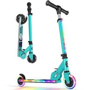 beleev scooters for kids ages 3-12 with light-up wheels & stem & deck, 2 wheel folding scooter for girls boys, 3 adjustable height, non-slip pattern deck, lightweight kick scooter for children (aqua)