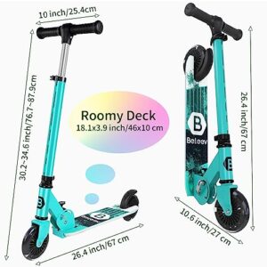 BELEEV Scooters for Kids Ages 3-12 with Light-Up Wheels & Stem & Deck, 2 Wheel Folding Scooter for Girls Boys, 3 Adjustable Height, Non-Slip Pattern Deck, Lightweight Kick Scooter for Children (Aqua)