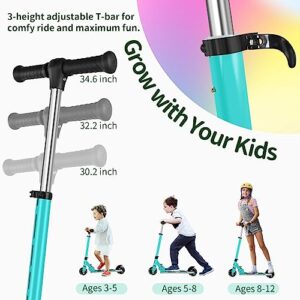 BELEEV Scooters for Kids Ages 3-12 with Light-Up Wheels & Stem & Deck, 2 Wheel Folding Scooter for Girls Boys, 3 Adjustable Height, Non-Slip Pattern Deck, Lightweight Kick Scooter for Children (Aqua)