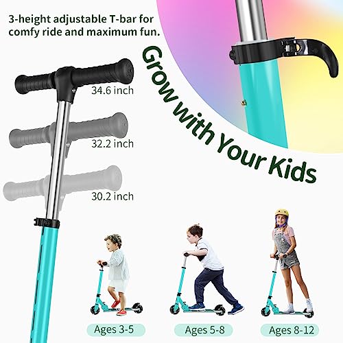 BELEEV Scooters for Kids Ages 3-12 with Light-Up Wheels & Stem & Deck, 2 Wheel Folding Scooter for Girls Boys, 3 Adjustable Height, Non-Slip Pattern Deck, Lightweight Kick Scooter for Children (Aqua)