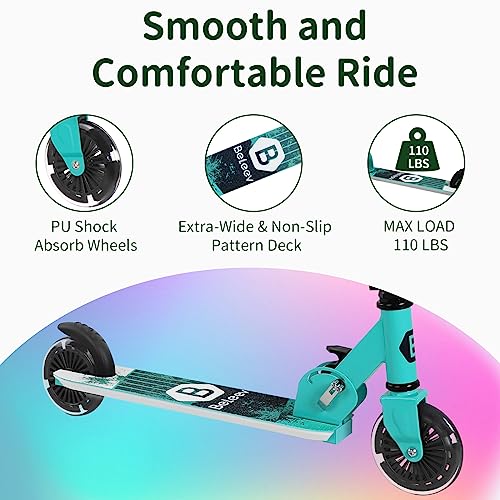 BELEEV Scooters for Kids Ages 3-12 with Light-Up Wheels & Stem & Deck, 2 Wheel Folding Scooter for Girls Boys, 3 Adjustable Height, Non-Slip Pattern Deck, Lightweight Kick Scooter for Children (Aqua)