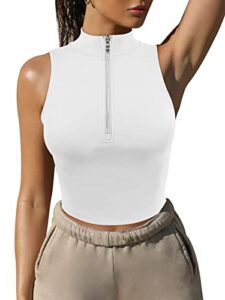 laslulu womens crop tops half zip up sleeveless yoga tops compression summer athletic shirts sports bra seamless workout gym pullover going out tops(white large)