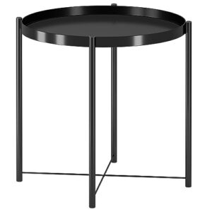 fixwal end table, metal side table black round end table sofa small table with removable tray for living room bedroom balcony patio and office