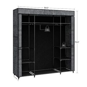 Hzuaneri Closet Wardrobe, 64.5-inch Portable Closet for Bedroom, 3 Clothes Rail Clothes Rail with Fabric Cover, Clothes Storage Organizer, 64.5 x 17.3 x 70 Inches, 9 Compartments, Black WO0203BC