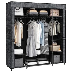 hzuaneri closet wardrobe, 64.5-inch portable closet for bedroom, 3 clothes rail clothes rail with fabric cover, clothes storage organizer, 64.5 x 17.3 x 70 inches, 9 compartments, black wo0203bc