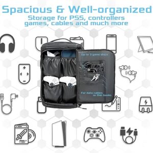 Ezgnuk Game Backpack for PS5 Console, Protective Travel Carrying Case, Large Capacity Storage Bag with Zippered Pocket for PlayStation 5, Laptop, Headphones, Game Discs and Accessories （Black）
