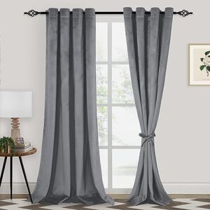 xwzo velvet curtains 96 inches long - soft room darkening thermal insulated thick window curtain panels for bedroom/gallery/home theater/patio door with tiebacks, grommet, grey, w52 x l96, set of 2