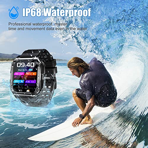 Military Smart Watch for Men, IP68 Waterproof Tactical Sports Watch, Outdoor Rugged Smart Watches for Men with Fitness Tracker Heart Rate Compatible with Android iOS (Includes 2 Watch Bands)