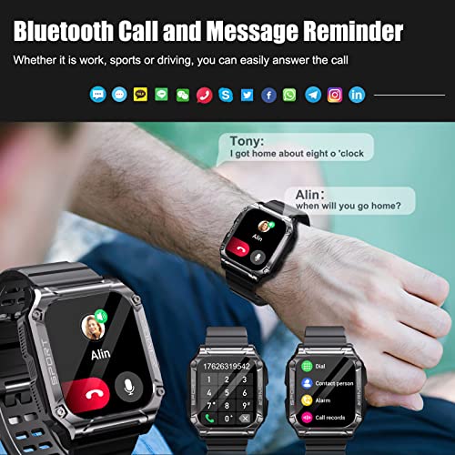 Military Smart Watch for Men, IP68 Waterproof Tactical Sports Watch, Outdoor Rugged Smart Watches for Men with Fitness Tracker Heart Rate Compatible with Android iOS (Includes 2 Watch Bands)