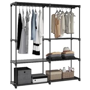 hzuaneri closet organizer, freestanding portable closet, 60-inch closet wardrobe for bedroom, 2 clothes rail with 5 compartments shelves storage organizer for cloakroom, black wh03032bk