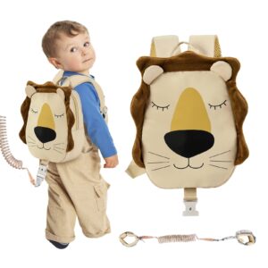 zooawa toddler harness backpack with leash, 2 in 1 cute lion kid backpack with anti lost wrist link, toddler backpack harness with safety leash for 1-4 years old baby boys girls