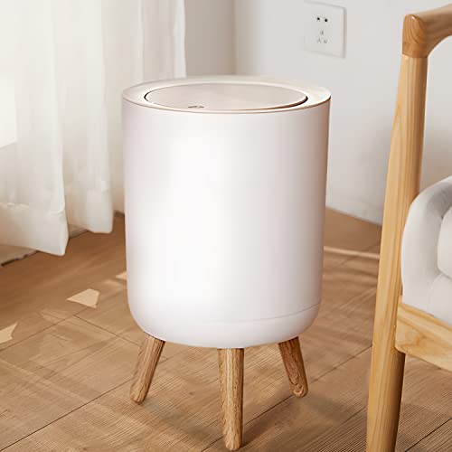 Bathroom Trash cans with lids, White Office Trash Bin Plastic Garbage Can with Push Button, Nordic Waste Basket for Bedroom,Living Room,Kitchen,Toilet,Dog Proof Trash can (1.8 Gal Round)